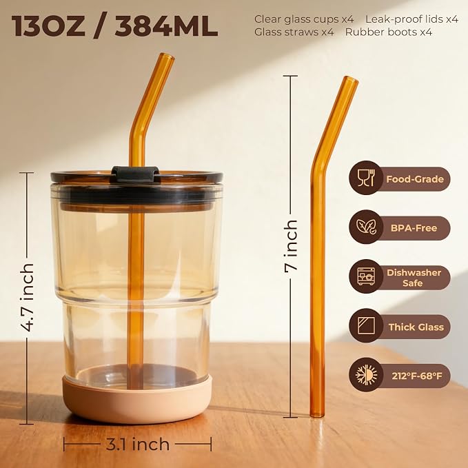 Zukro 13 oz Glass Cups with Lid and Straw 4 Pack, Non-Slip Rubber Bottom | Leak - Image 9