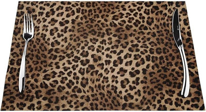 Brown Leopard Placemats Set of 4 Black Cheetah Skin Wild Animal Print Wipeable Table Mats Reusable Washable PVC Rectangle Place Mats for Kitchen Dining Home Decor 12x18 Inches