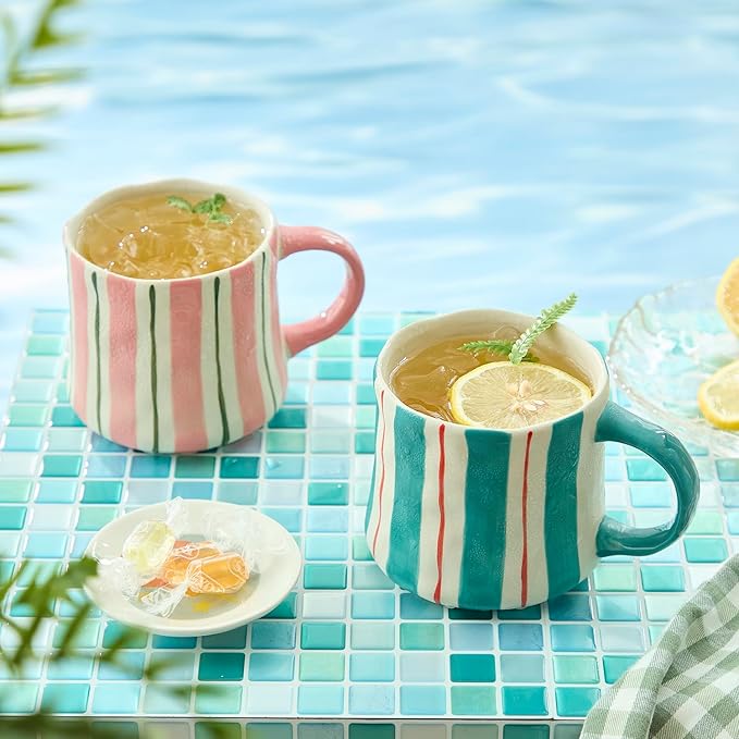 Striped Ceramic Coffee Mugs Set of 2, Tea & Cocoa, 12oz Dishwasher & Microwave - Image 5