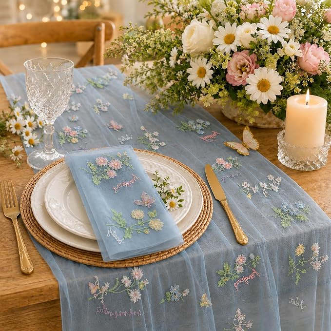 Wildflower Tulle Table Runner Butterfly Floral Wedding Party Home Decor | Blue by Unknown