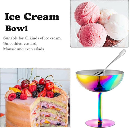 Ice Cream Bowls Stainless Steel Dessert Cups with Spoons Reusable Footed Sundae Cups Ice Cream Cups for Dessert, Frozen Yogurt, Gelato, Birthday Party Decorations (1, Colorful)
