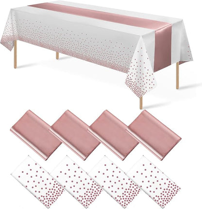 8Pack Disposable Plastic Tablecloths and Satin Table Runner Set White and Rose by MASHAN