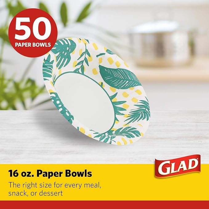 Glad Round Disposable Paper Bowls, Palm Leaves, 16 Oz, soak-proof and - Image 2