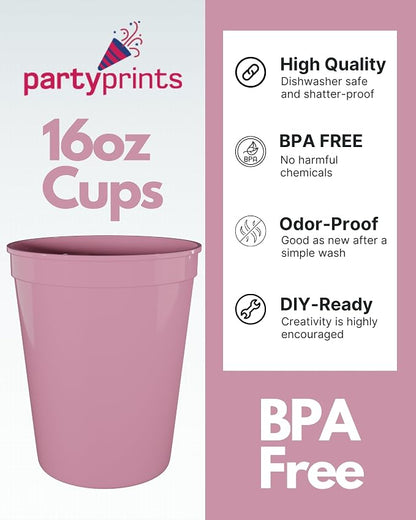 PartyPrints 100 Pack 16 oz Pink Reusable Blank Plastic Cups, Stadium Cups Bulk - Image 2