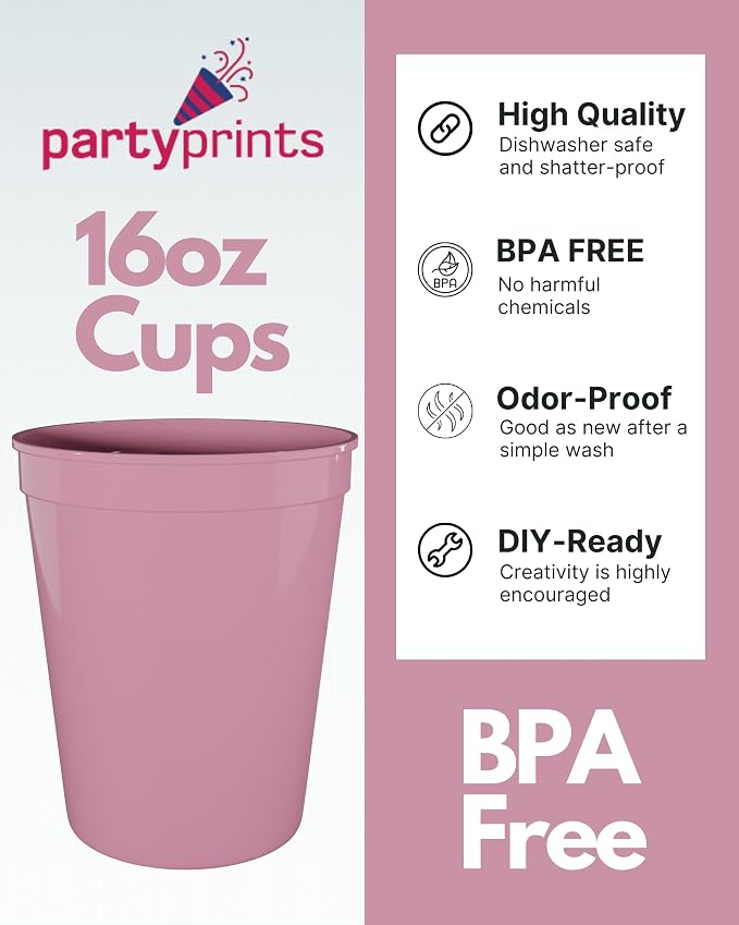 PartyPrints 10 Pack 16 oz Pink Reusable Blank Plastic Cups, Stadium Cups Bulk – - Image 2