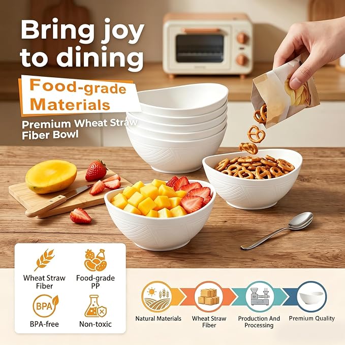Soup Bowls Sets of 6, Unbreakable Wheat Straw Bowls 26oz, Oval Kitchen Bowls - Image 3