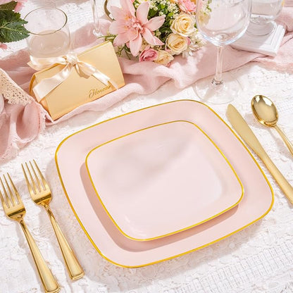 bUCLA 50PCS Pink and Gold Plastic Plates - Heavy Duty Square Pink Disposable - Include 25 Dinner & 25 Dessert Plates for Party & Valentines Day