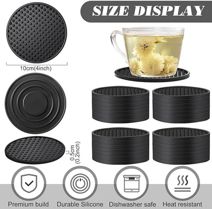 Eccliy 48 Pack Silicone Coasters for Drinks Nonslip Silicone Drink Coasters Cold Hot Heat Resistant for Table Tabletop Coffee Bar (Black)
