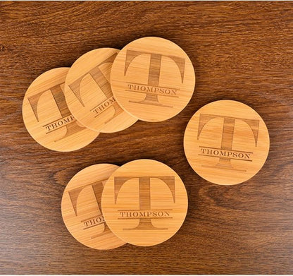 Personalized Coasters, Custom Engraved Coasters, Bamboo Coasters for Drinks, Monogram Coasters with Holder, Great Gifts for Relatives, Friends or Yourself (T, Set of 4)