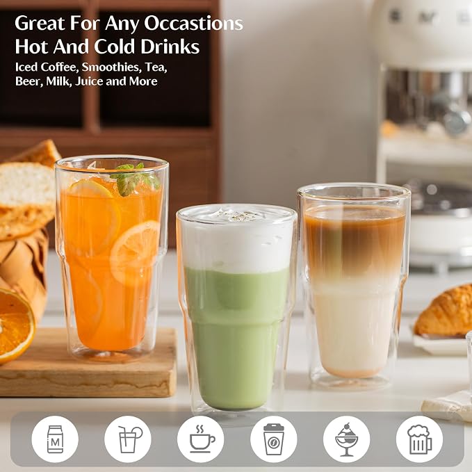INSETLAN 16oz Double Wall Glass Cups Set of 2 – Borosilicate Glass Tumblers - Image 6