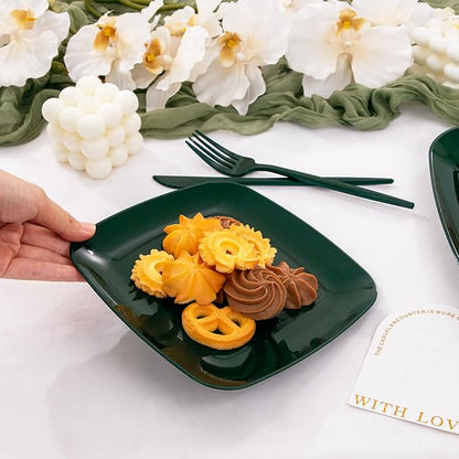 PULOTE 60PCS Green Square Plastic Plates - Green Disposable for 30 Green Guests Include 30 Dinner and 30 Dessert Plates for Party&Christmas