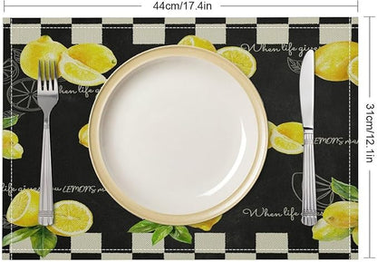 Vintage Lemon Placemat Set, Rustic Farmhouse Yellow Orange Fruit Leaves Black White Plaid Quotes Seamless Pattern Home Decor Linen Table Mats for Dining Room Kitchen Party (17x12in) x6P