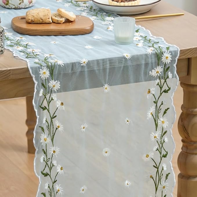 Artoid Mode Daisy Floral Sky Blue Shaped Gauze Embroidery Table Runner 120 Inch by ArtoidMode