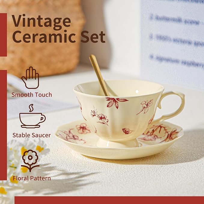 Vintage Fancy Porcelain Tea Cups and Saucers Set of 4, 8 oz China Ceramic - Image 6