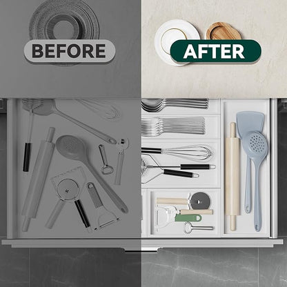 Utensil Organizer Silverware Drawer Organizer - Set of 2, Stackable Kitchen Organization, Bamboo Storage Box Tray for Kitchen Gadgets Bathroom Countertop (White)