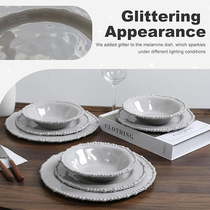 Grey Pearl 12-Piece Melamine Dinnerware Set - Unbreakable Plastic Plates & Bowls, Service for 4, Dishwasher Safe, Lightweight Shatterproof Tableware for Indoor/Outdoor Use