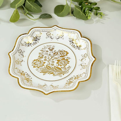 50 Pack 8" White Gold French Toile Dessert Plates, Disposable Round Paper Floral Pattern Appetizer Salad Plates 300 GSM for Party Decoration