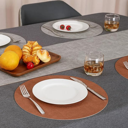 Myir JUN Reversible Vinyl Round Placemats Set of 6, Faux Leather Place Mats Dual Sided Waterproof Wipeable, Heat-Resistant Table Mats for Kitchen Dining Indoor Outdoor (14", Light Gray Reddish Brown)