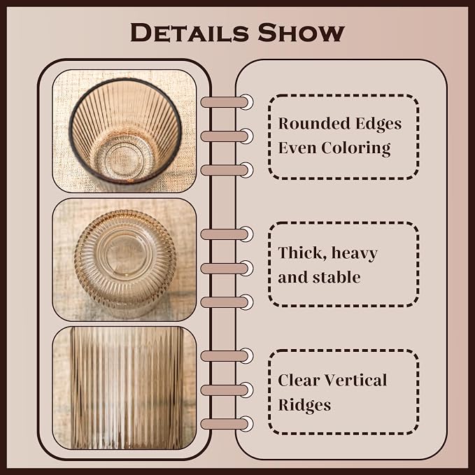 Smokey Gray Ribbed Highball Glasses Set of 6, 8.5oz Vintage Highball Tumblers - Image 3