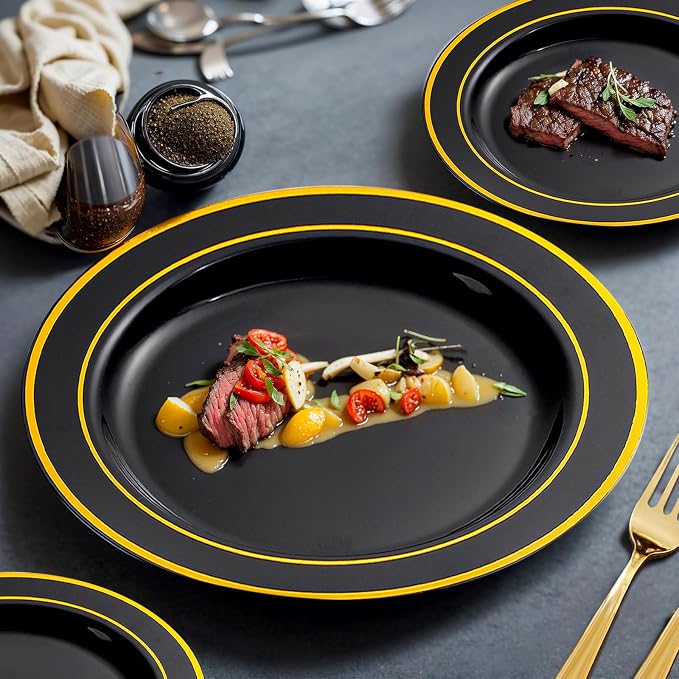 bUCLA 150 Pieces Black and Gold Disposable Dinnerware Set - Image 4