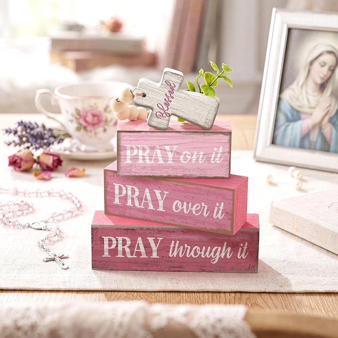 Moucuny 4 Pcs Pink Christian Table Decor Cross Wooden Bible Verse Sign - Image 7