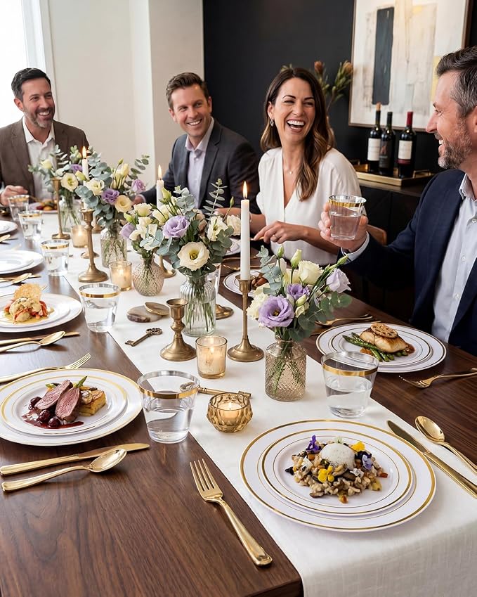 bUCLA 600Pcs White and Gold Plastic Plates - Image 7