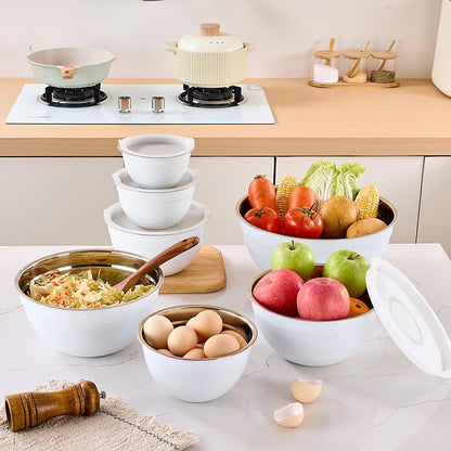 White Mixing Bowls with Airtight Lids, Stainless Steel Nesting Mixing Bowls Set of 7, Ideal for Baking, Prepping and Serving Food, Size 7, 3.6, 2.7, 2.1, 1.5, 1.1,0.8 QT, Stackable Design