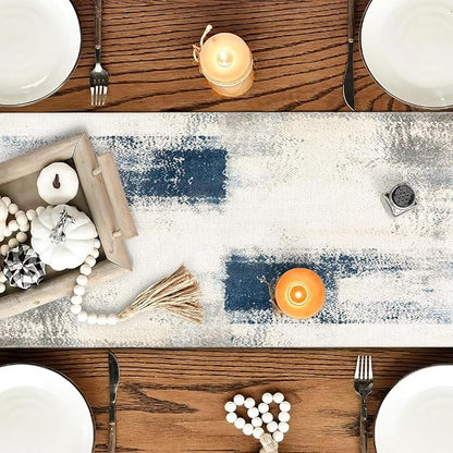 OYIMUA Blue and White Abstract Modern Table Runner, Art Rustic Kitchen Dining - Image 3