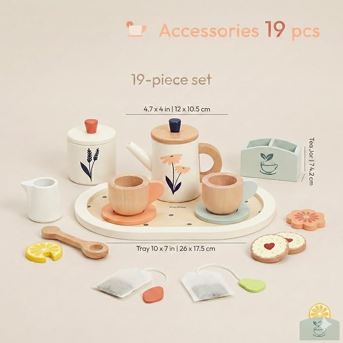 PairPear Wooden Tea Set for Kids, Toys Food Tea Party Set for Toddlers 3-5 | 19 - Image 2