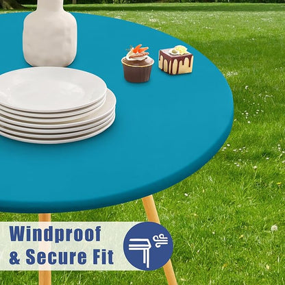 Round Spandex Tablecloth 2 Pack, Elastic Fitted Waterproof Tablecloths for 36"-44" Tables, Stretch Washable Picnic Table Cover for Camping, Dining, Indoor and Outdoor, Turquoise