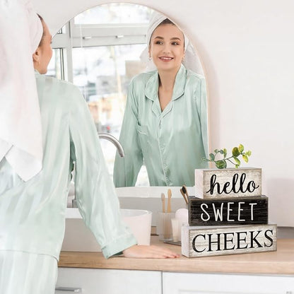 Moucuny 4 Pcs Bathroom Shelf Decor Hello Sweet Cheeks Sign Farmhouse Bathroom - Image 6