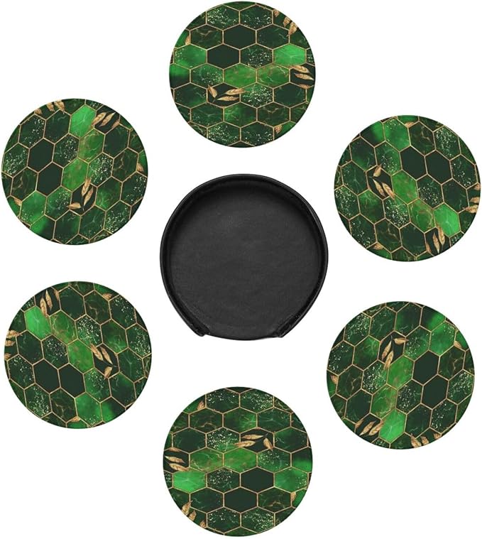 6 Pcs Leaves Marble Honeycomb Plaid Geometric Abstract Green Leather Coasters - Image 7