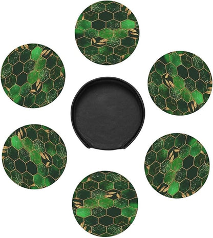 6 Pcs Leaves Marble Honeycomb Plaid Geometric Abstract Green Leather Coasters - Image 7