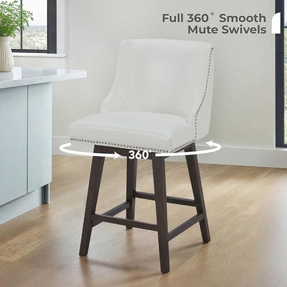 CHITA Counter Height Swivel Bar Stools Set of 4, FSC Certified Upholstered Counter Stools, Modern Swivel Barstools with Wood Legs for Kitchen Island, 26" Seat Height, Faux Leather in White