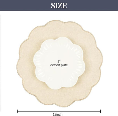 AHHFSMEI Round Faux Linen Placemats Set of 4 Waterproof Table Mats Heat Resistant Non-Slip and Stain Proof for Kitchen Dining Elegant Decor (Beige,4)
