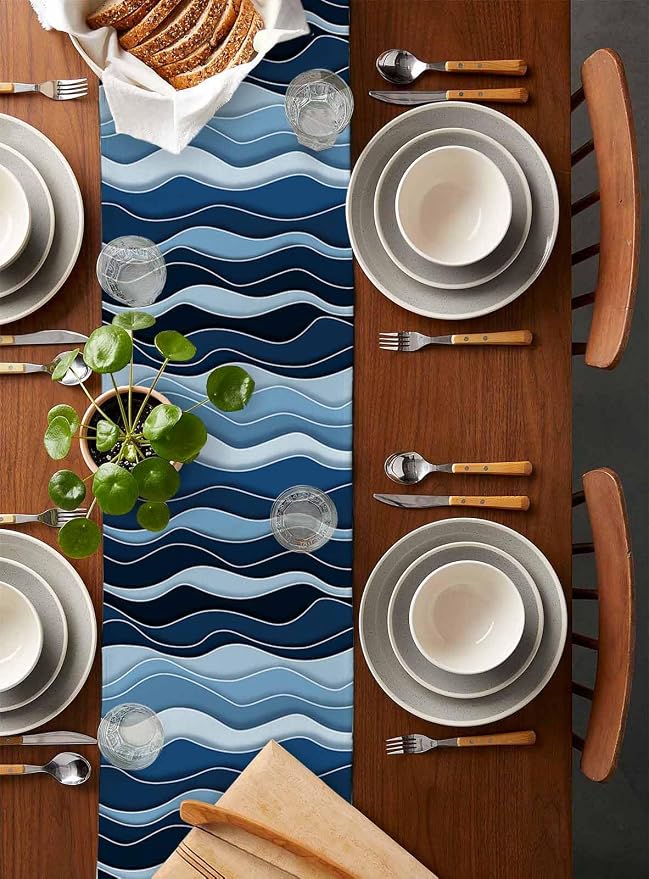 Abstract Blue Moire Table Runners 60 Inches Long, Cotton Linen Fabric Table - Image 5
