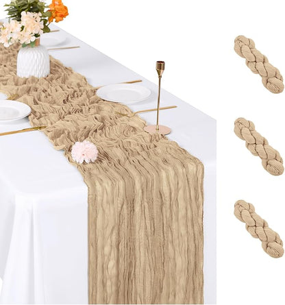 3 Pack Beige Cheesecloth Table Runner, 17 x 108 inch, Semi Sheer Boho Cheese by ACSUIT