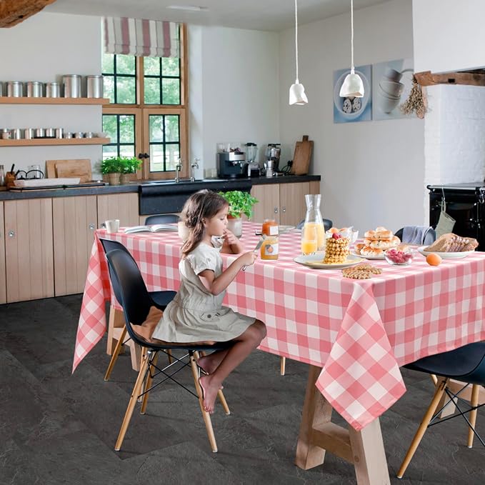 Plaid Tablecloth 2 Pack, 54 x 108 inch, Peach Pink and White | Waterproof - Image 7