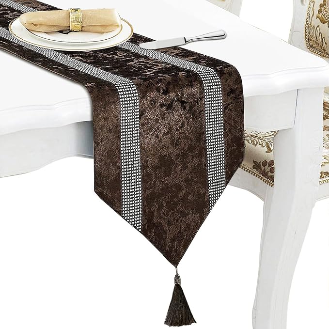 Elegant Rhinestone Brown Table Runner 120 Inches Extra Long, Ombre Velvet | by Jiino