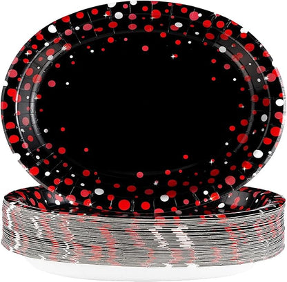 50 Pcs Black and Red Oval Plates 10" x 12" Large Red Dot on Black Party Plates Disposable Heavy Duty Valentine's Day Paper Plate for Valentines Day Fiesta Congrats Wedding Birthday Party Decorations