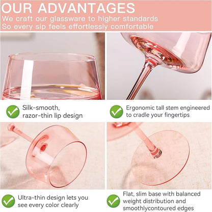 Pink Coupe Glasses Set of 6-13 oz Large Capacity Martini Glassware - Versatile Tall Cocktail Glasses- Hand-Blown Colored Champagne Coupe Glass-Art Deco Cocktail Glasses Set-Wedding Gifts