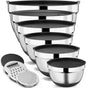 9 Pack Mixing Bowls with Airtight Lids Set, Stainless Steel Mixing Bowls with Grater Attachments, Nesting Kitchen Bowl Set with Non-Silp Bases, Size 5, 4, 3, 2, 1.5,1QT, Black
