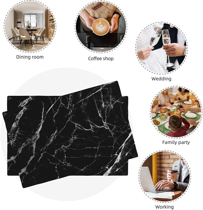 Fiokroo Black with White Marble Placemats Set of 4 Table Mats Table Tableware - Image 3