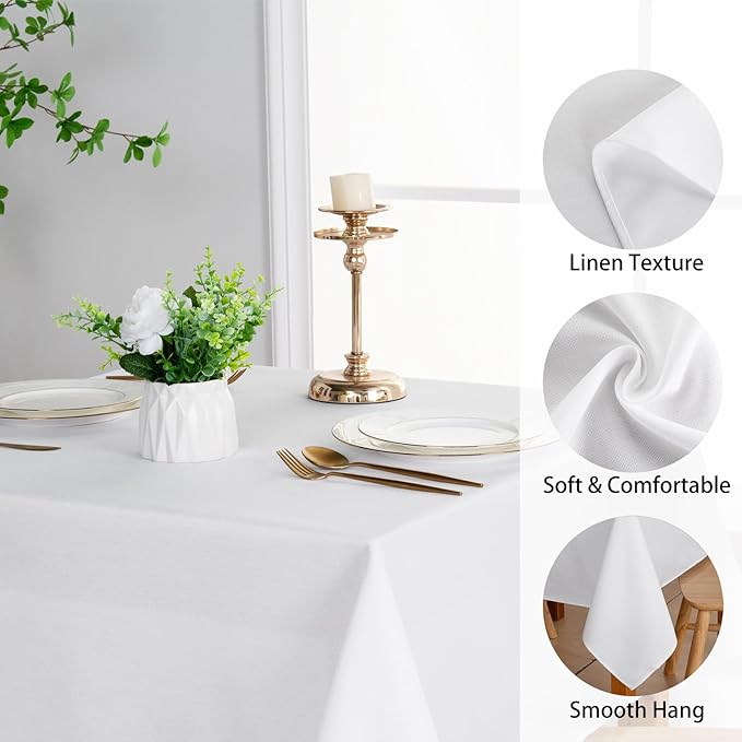 JIUZHEN 2 Pack Rectangle Table Cloth Faux Linen Farmhouse Tablecloth Wrinkle and Stain Resistant Decorative Fabric Table Cover for Kitchen, Dining Room, Parties and Camping, White, 54 x 80 Inch