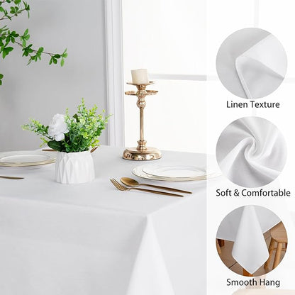 JIUZHEN Faux Linen Rectangle Tablecloth, Wrinkle Stain Resistant Farmhouse Textured Table Cloth Decorative Fabric for Kitchen, Dining, Party, Wedding,Outdoor Use,90 x 132 Inch,White