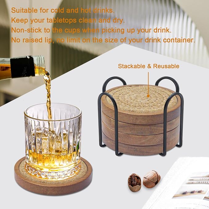 Wood Coasters for Drinks, Eykao Absorbent Coaster Sets of 5, Woven Drink - Image 4