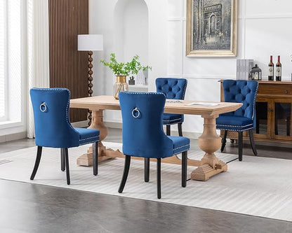 KCC Velvet Dining Chairs Set of 2, Upholstered High-end Tufted Dining Room Chair with Nailhead Back Ring Pull Trim Solid Wood Legs, Nikki Collection Modern Style for Kitchen, Blue