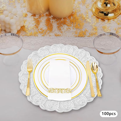 100 Pcs Antique Charger Plates Bulk, 13in Reusable Serving Plates Embossed Rim Plastic Party Dinner Plate Chargers Round Decorative Server Plate for Wedding Party Event Tableware