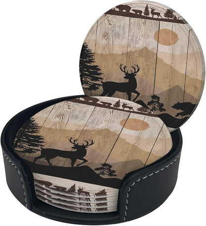 6 Pcs Rustic Wildlife Bear Deer Moose Vintage Wooden Plank Leather Coasters - Image 3