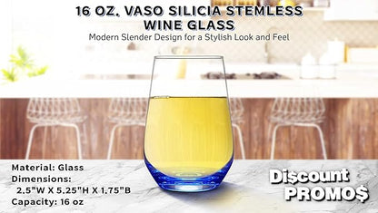 DISCOUNT PROMOS 10 Vaso Silicia Stemless Wine Glasses Set, 16 oz. - Clear, Orb-Like, Thick base - Blue